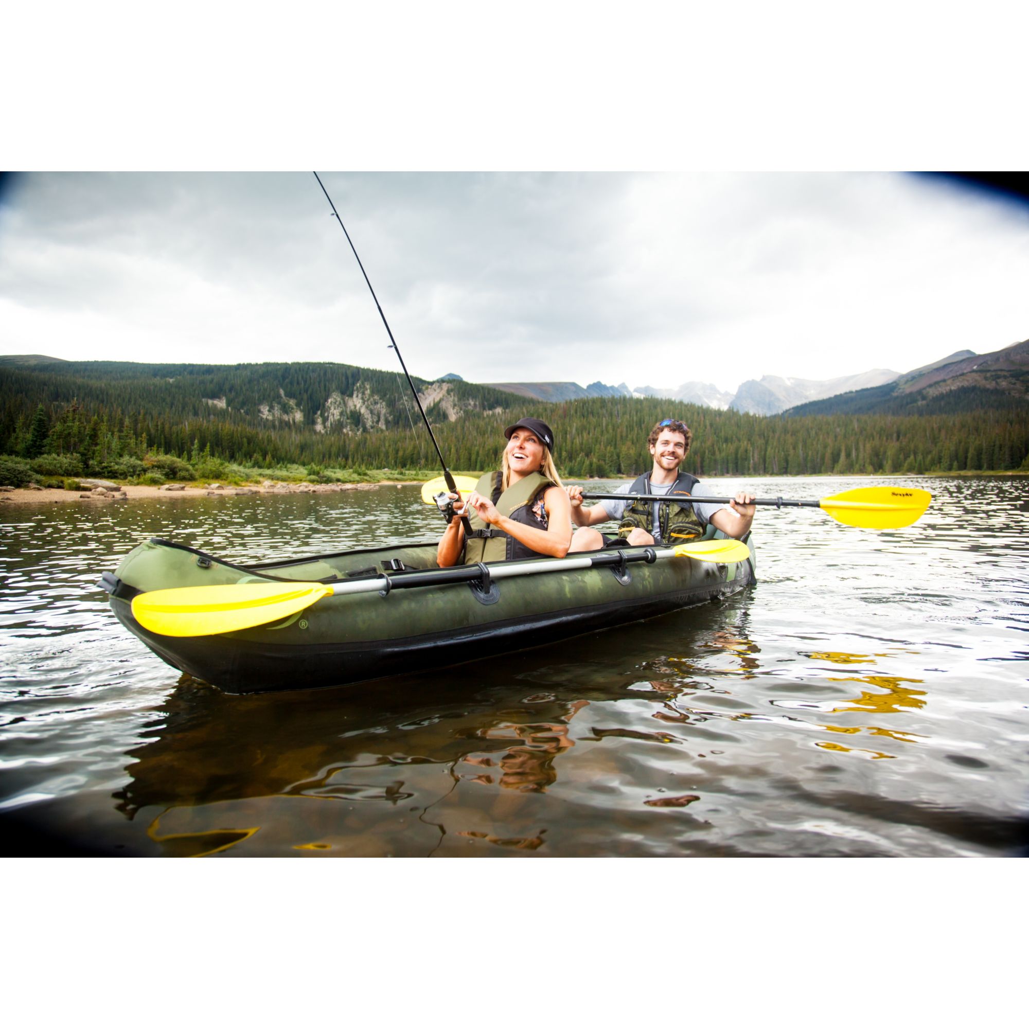 Sevylor Colorado inflatable kayak fishing on a mountain lake